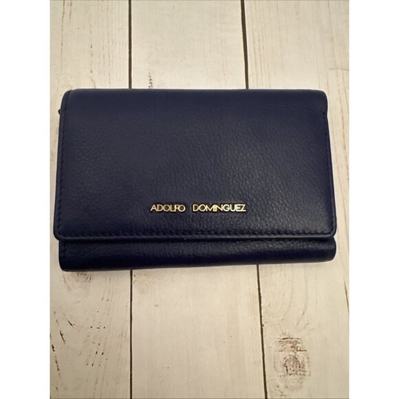 Adolfo Dominguez Blue Leather Trifold Wallet Coin Money Pockets 4.5”x6.5” VGUC* - Picture 1 of 8